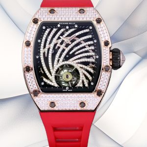 Replica Richard Mille RM 51-02 Rose Gold Diamond Bezel Red Strap Watch – Bold Skeleton Luxury Timepiece