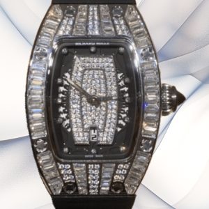 Ladies Swiss Richard Mille RM 007 Replica – Iced-Out Diamond Case, Black Rubber Strap, Skeleton Design, Luxury Women's Watch